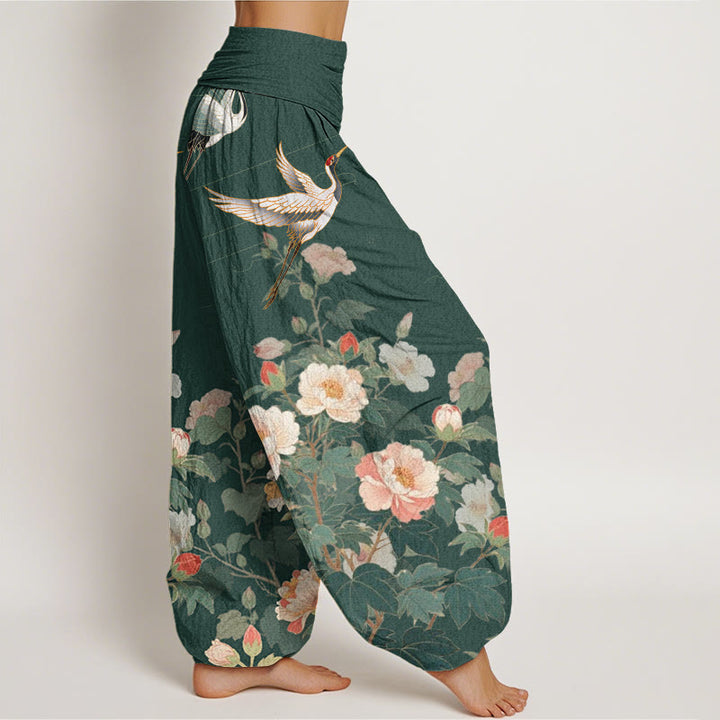 Pantalon sarouel décontracté à taille élastique pour femme avec motif grue et pivoine et Buddha Stones - image 6