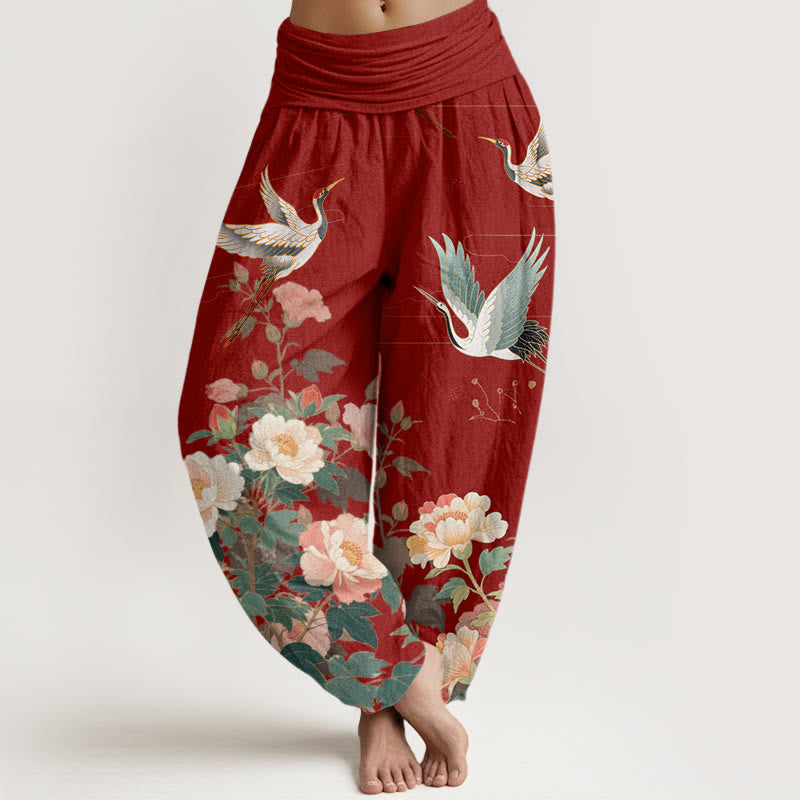 Pantalon sarouel décontracté à taille élastique pour femme avec motif grue et pivoine et Buddha Stones - Brique réfractaire - US22，UK/AU26，EU54 (6XL) - image 8