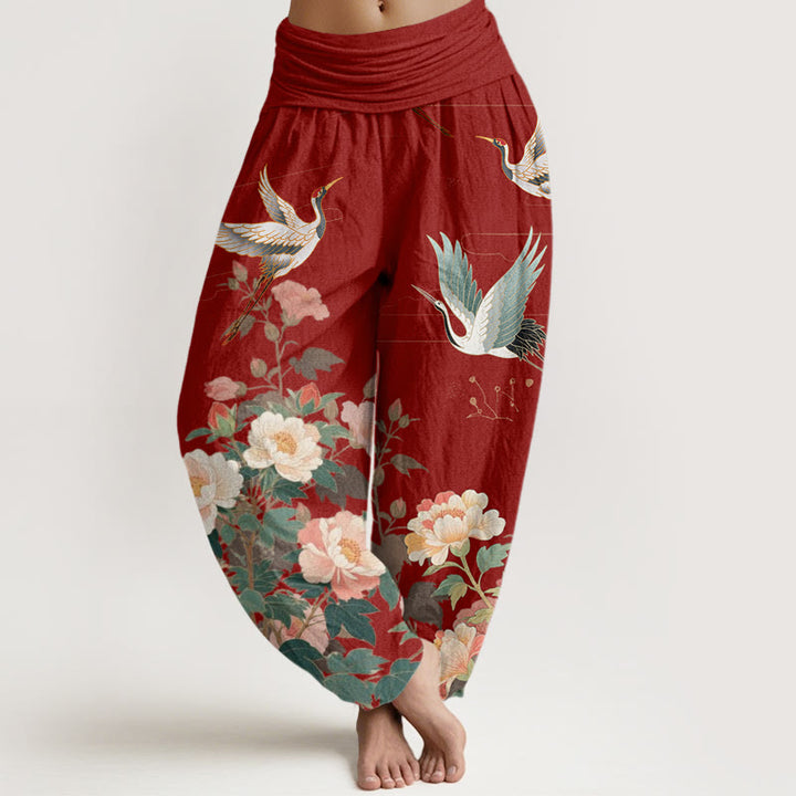 Pantalon sarouel décontracté à taille élastique pour femme avec motif grue et pivoine et Buddha Stones - Brique réfractaire - US22，UK/AU26，EU54 (6XL) - image 8