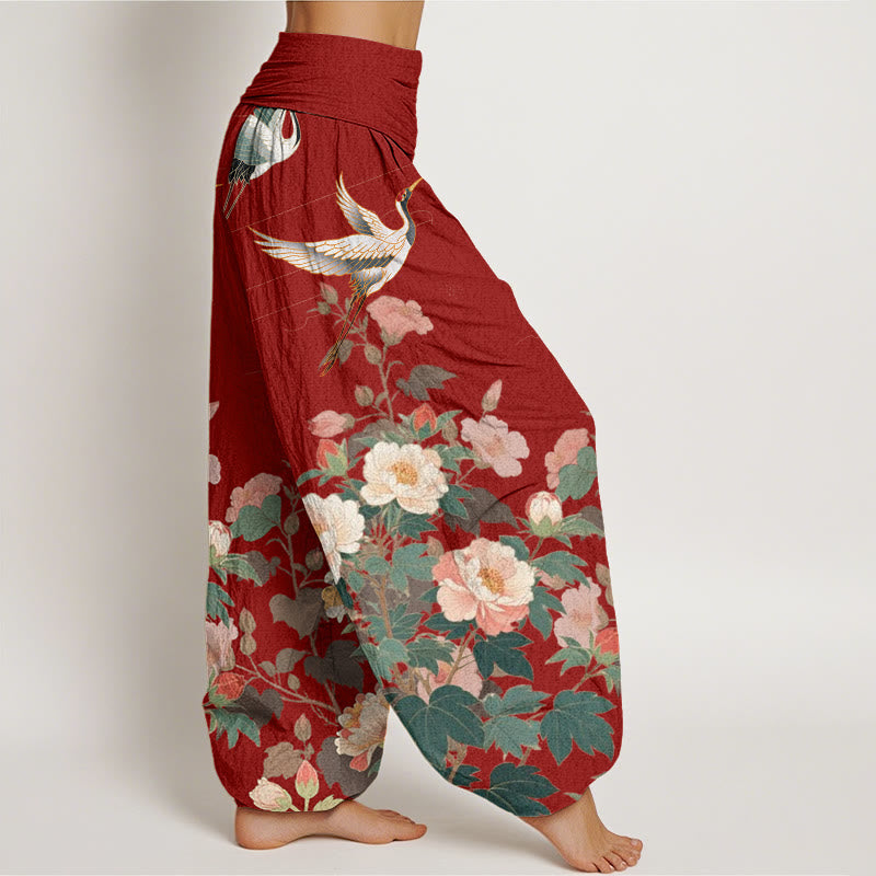 Pantalon sarouel décontracté à taille élastique pour femme avec motif grue et pivoine et Buddha Stones - image 9