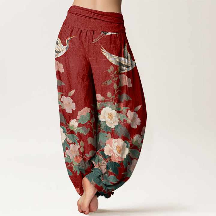 Pantalon sarouel décontracté à taille élastique pour femme avec motif grue et pivoine et Buddha Stones - image 10