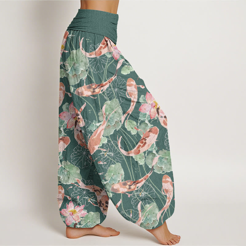 Pantalon Buddha Stones décontracté à taille élastique pour femme, motif carpe koï et lotus - image 2
