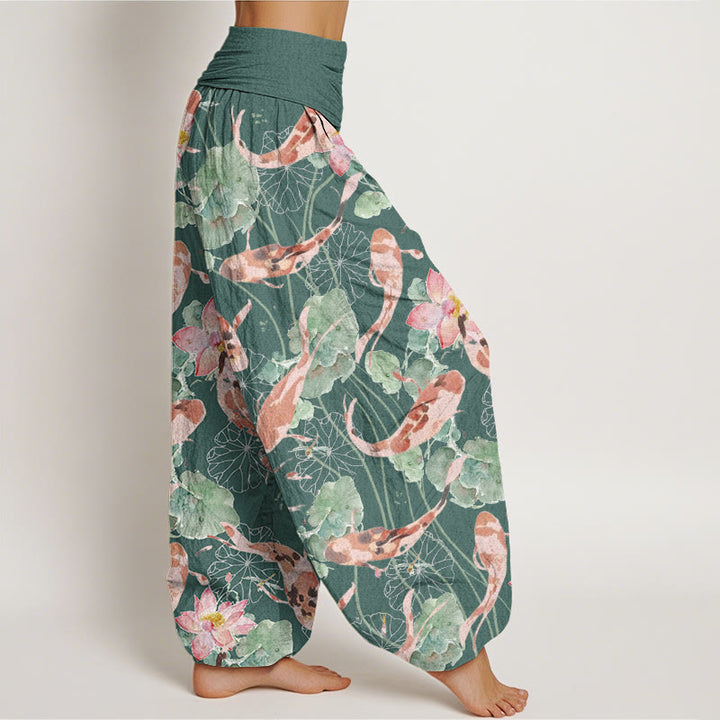 Pantalon Buddha Stones décontracté à taille élastique pour femme, motif carpe koï et lotus - image 2