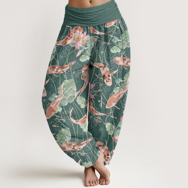 Pantalon Buddha Stones décontracté à taille élastique pour femme, motif carpe koï et lotus - CadetBlue - US22，UK/AU26，EU54 (6XL) - image 1