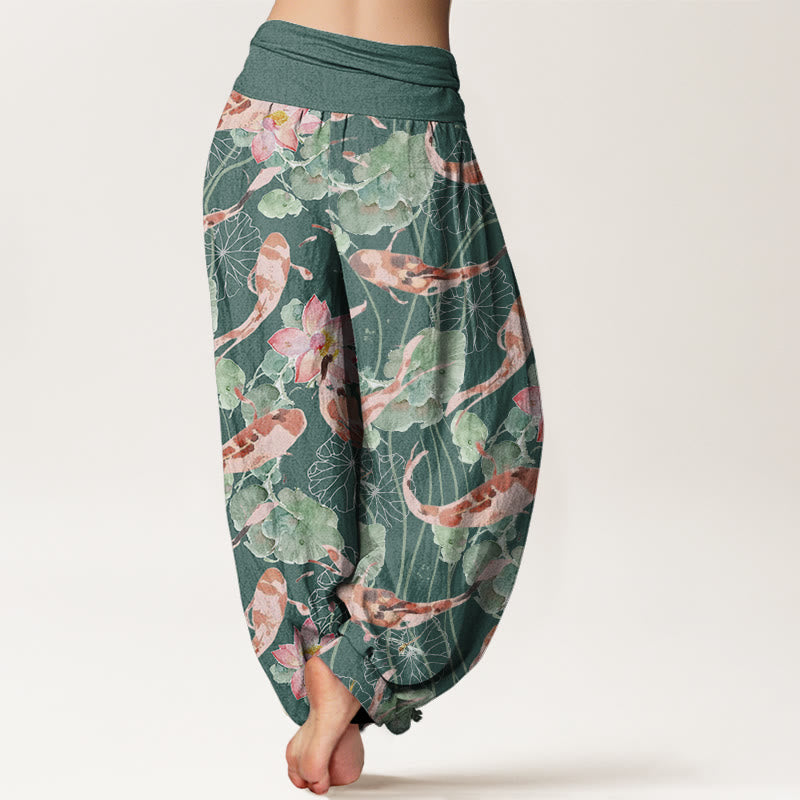 Pantalon Buddha Stones décontracté à taille élastique pour femme, motif carpe koï et lotus - image 3