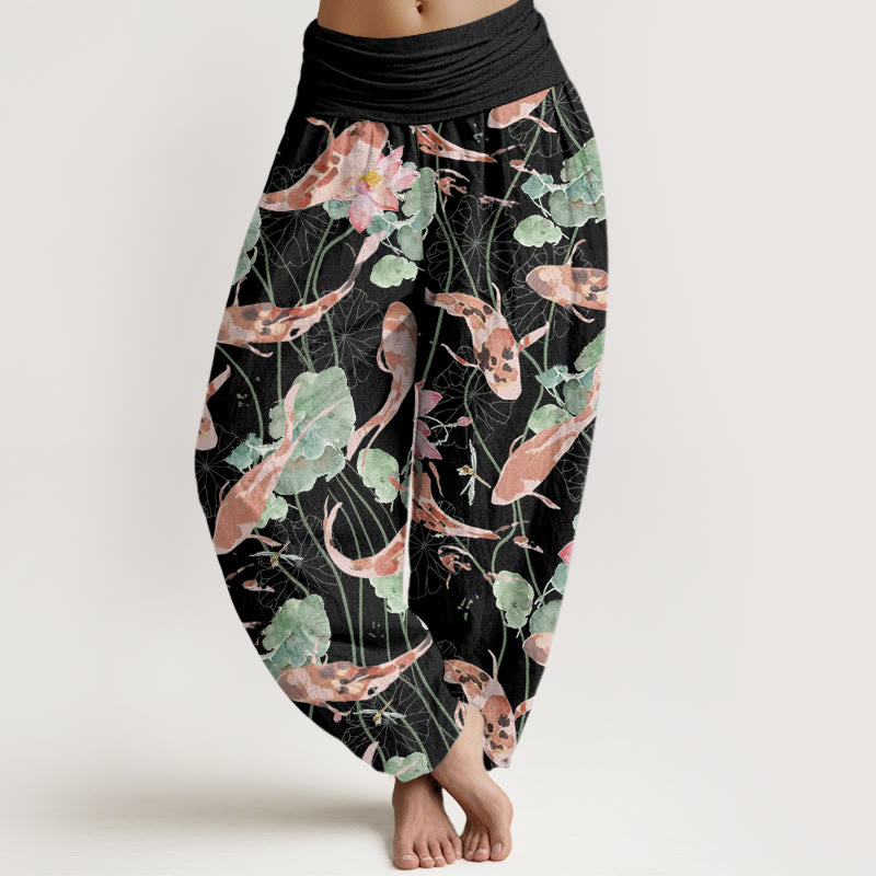 Pantalon Buddha Stones décontracté à taille élastique pour femme, motif carpe koï et lotus - Noir - US22，UK/AU26，EU54 (6XL) - image 5