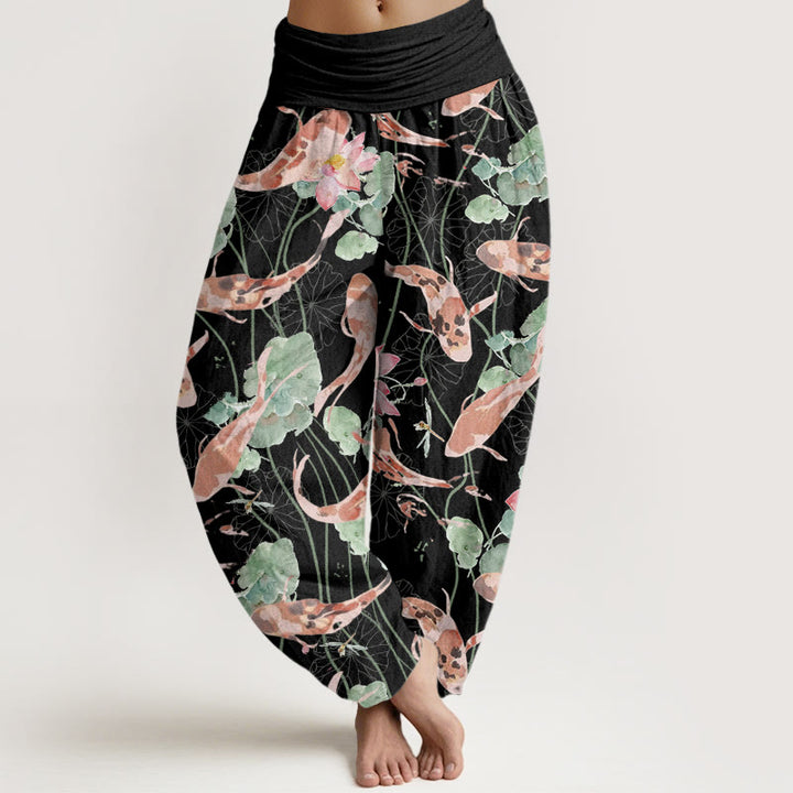 Pantalon Buddha Stones décontracté à taille élastique pour femme, motif carpe koï et lotus - Noir - US22，UK/AU26，EU54 (6XL) - image 5