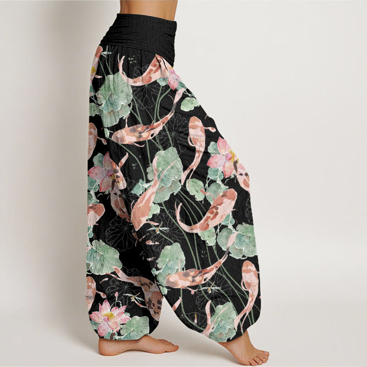 Pantalon Buddha Stones décontracté à taille élastique pour femme, motif carpe koï et lotus - image 6