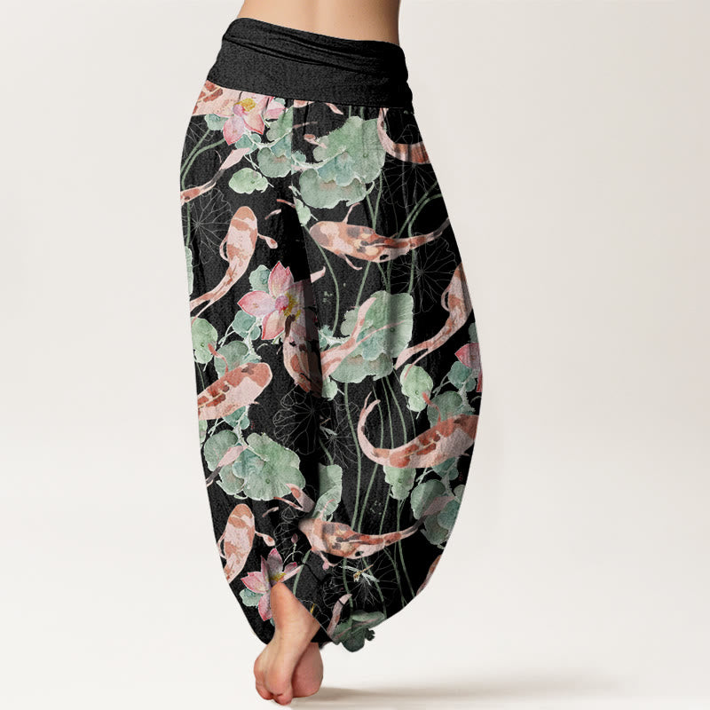 Pantalon Buddha Stones décontracté à taille élastique pour femme, motif carpe koï et lotus - image 7