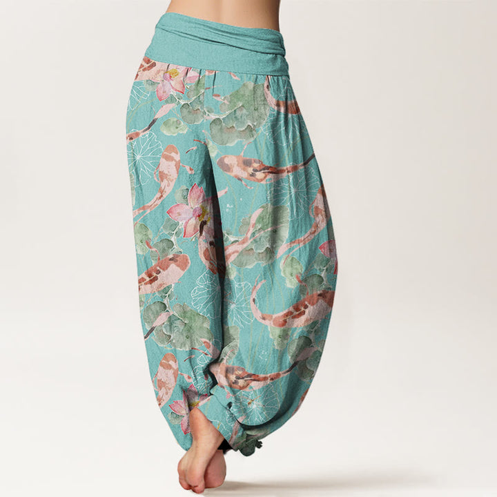 Pantalon Buddha Stones décontracté à taille élastique pour femme, motif carpe koï et lotus - image 10