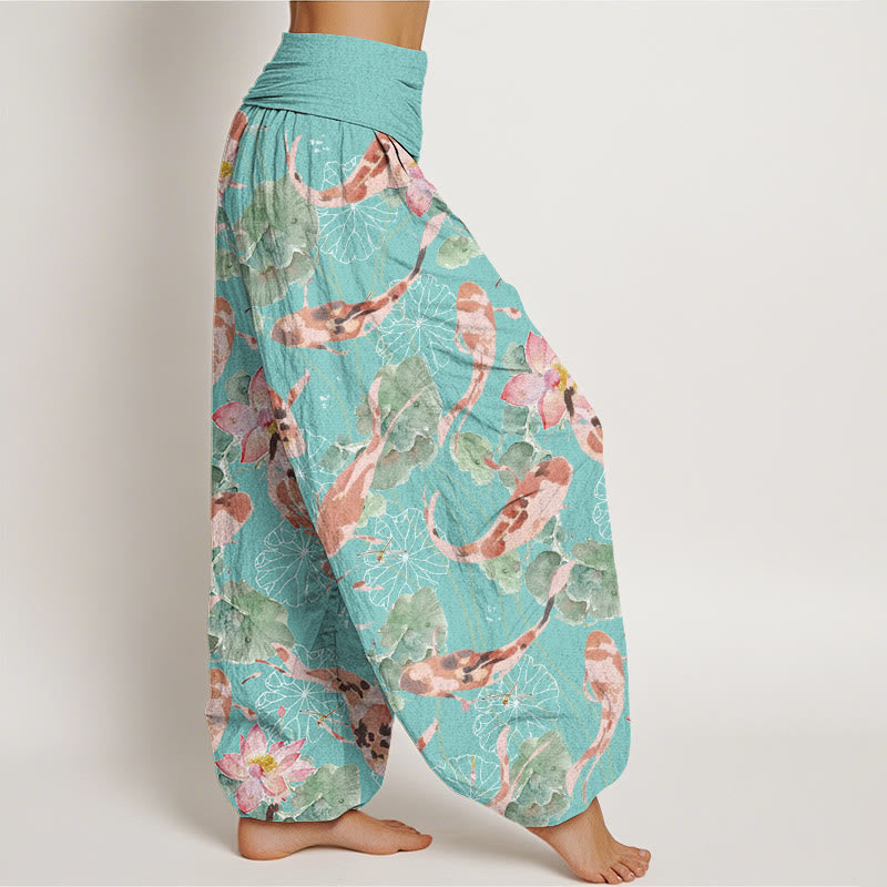 Pantalon Buddha Stones décontracté à taille élastique pour femme, motif carpe koï et lotus - image 9