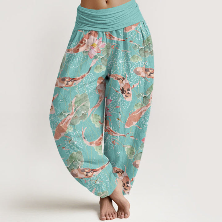 Pantalon Buddha Stones décontracté à taille élastique pour femme, motif carpe koï et lotus - Turquoise moyen - US22，UK/AU26，EU54 (6XL) - image 8
