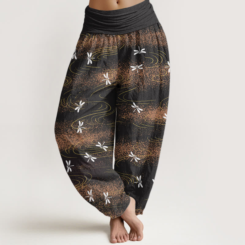 Pantalon sarouel décontracté à taille élastique pour femme avec motif de libellule et de vagues Buddha Stones - Noir - US22，UK/AU26，EU54 (6XL) - image 1
