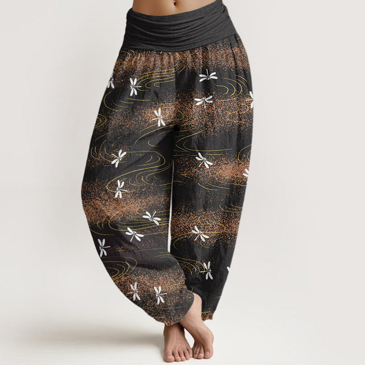 Pantalon sarouel décontracté à taille élastique pour femme avec motif de libellule et de vagues Buddha Stones - Noir - US22，UK/AU26，EU54 (6XL) - image 1