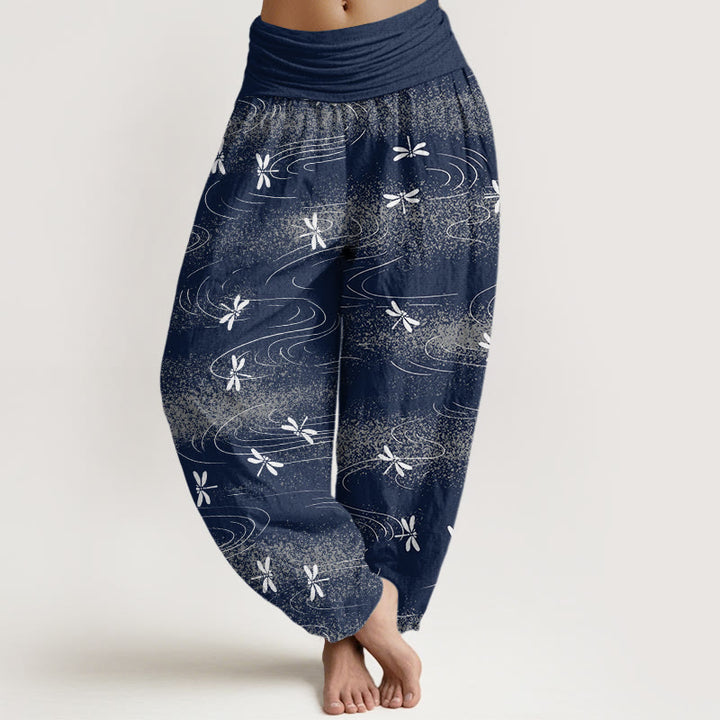 Pantalon sarouel décontracté à taille élastique pour femme avec motif de libellule et de vagues Buddha Stones - Marine - US22，UK/AU26，EU54 (6XL) - image 5