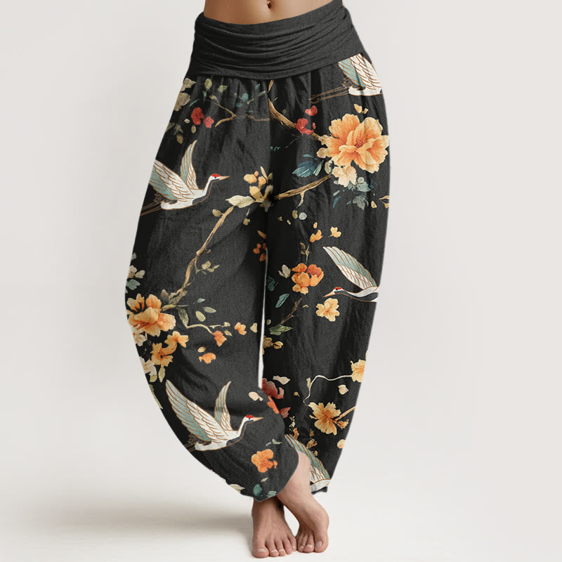 Pantalon sarouel décontracté à taille élastique pour femme, motif grue et branches de fleurs, motif Buddha Stones - Noir - US22，UK/AU26，EU54 (6XL) - image 1