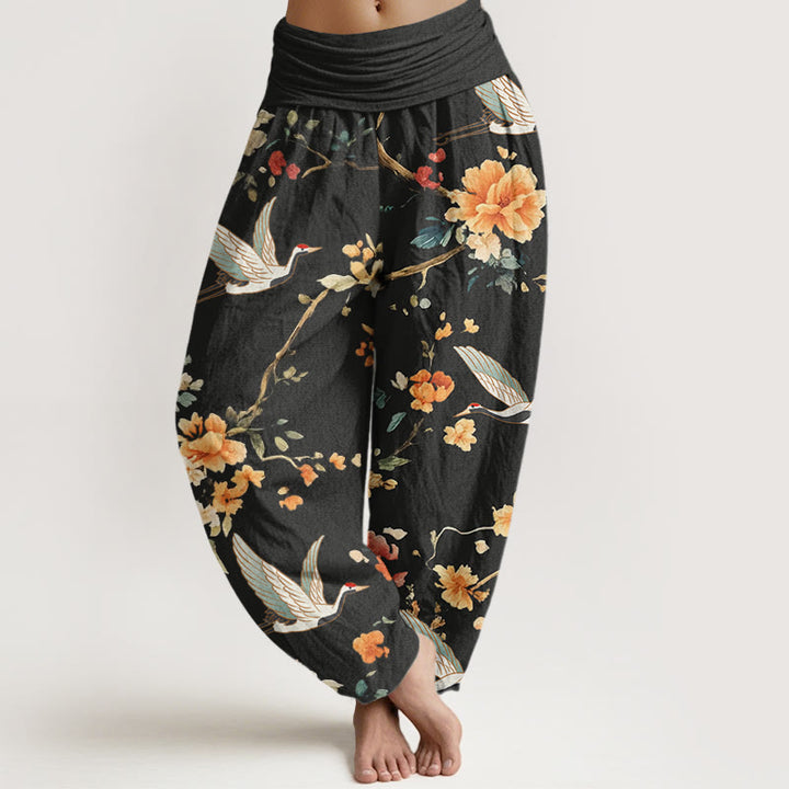 Pantalon sarouel décontracté à taille élastique pour femme, motif grue et branches de fleurs, motif Buddha Stones - Noir - US22，UK/AU26，EU54 (6XL) - image 1