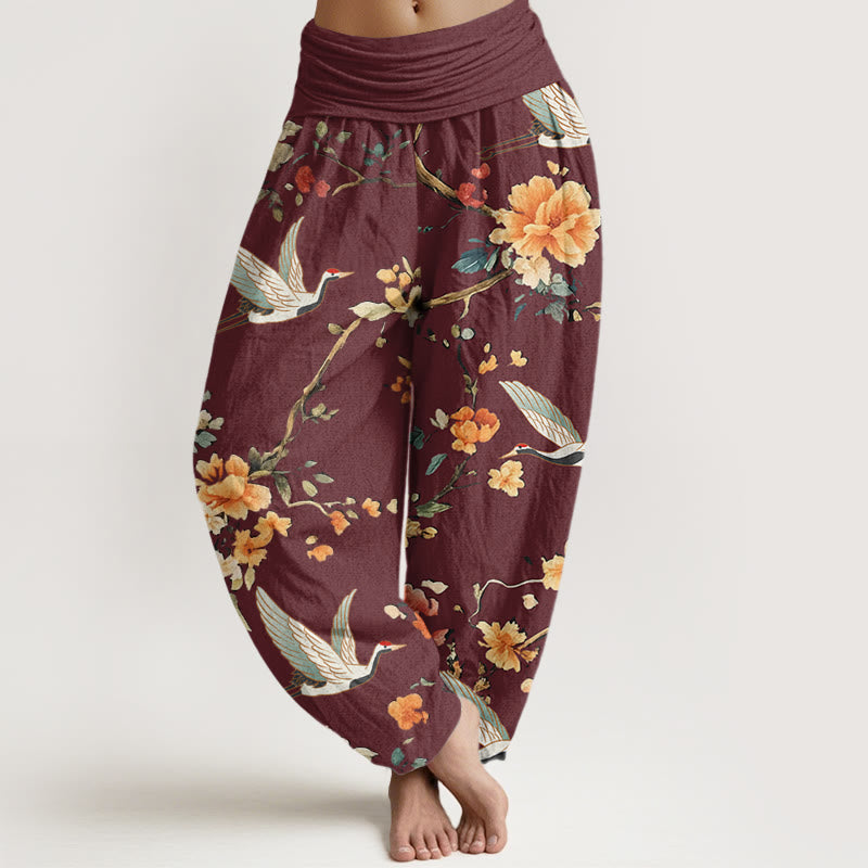 Pantalon sarouel décontracté à taille élastique pour femme, motif grue et branches de fleurs, motif Buddha Stones - Rouge foncé - US22，UK/AU26，EU54 (6XL) - image 5