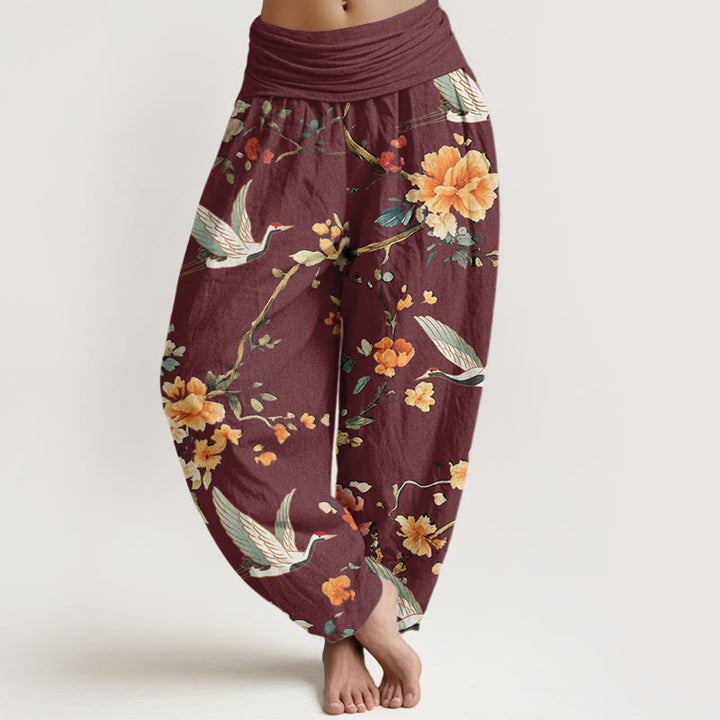 Pantalon sarouel décontracté à taille élastique pour femme, motif grue et branches de fleurs, motif Buddha Stones - Rouge foncé - US22，UK/AU26，EU54 (6XL) - image 5