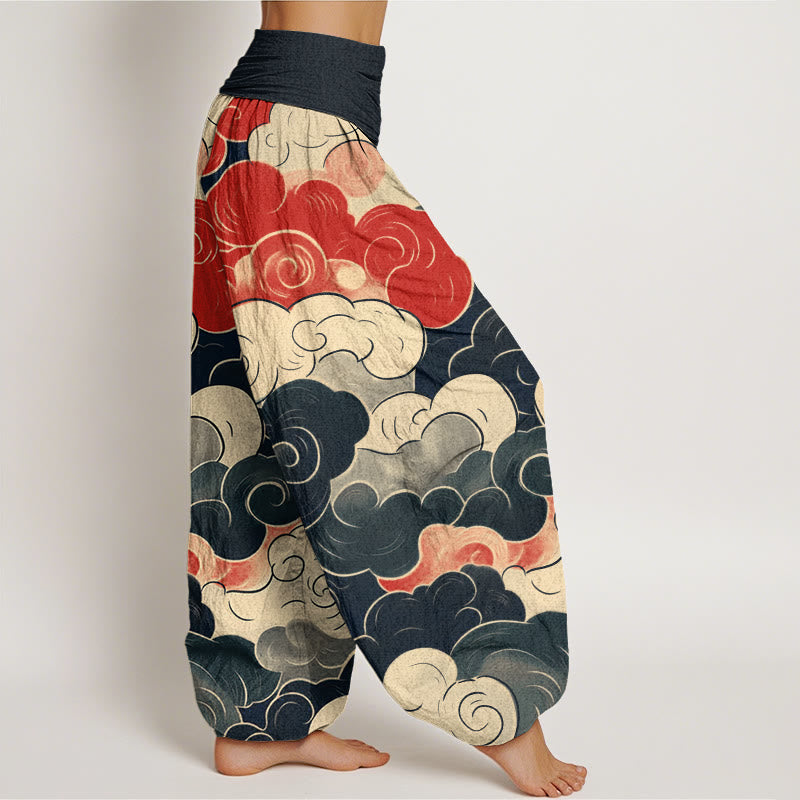 Pantalon harem à taille élastique pour femme, en coton décontracté à motif de Buddha Stones et de nuages ​​porte-bonheur - image 1