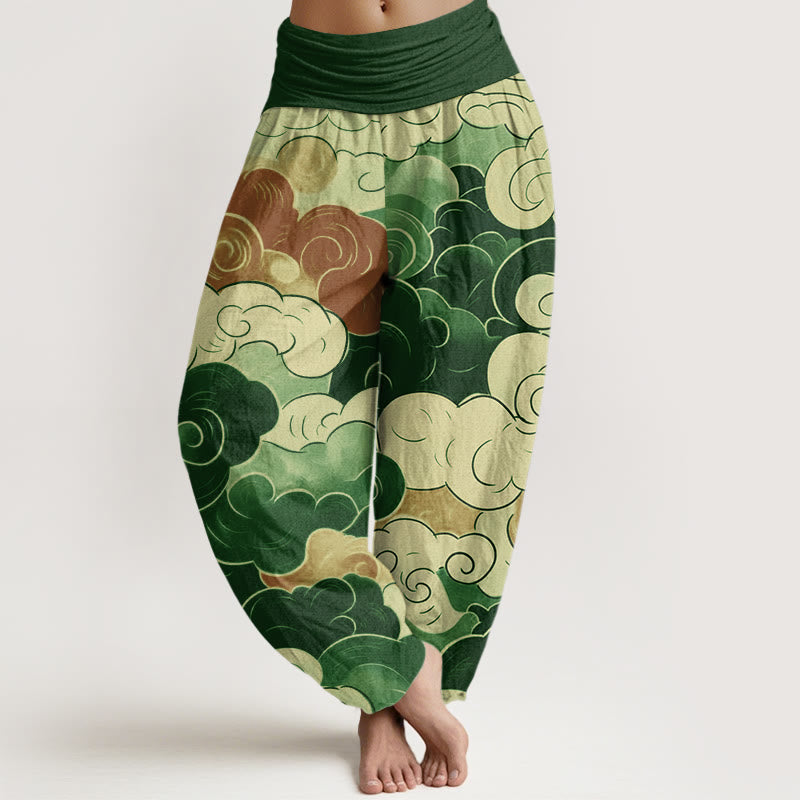 Pantalon harem à taille élastique pour femme, en coton décontracté à motif de Buddha Stones et de nuages ​​porte-bonheur - Vert - US22，UK/AU26，EU54 (6XL) - image 7