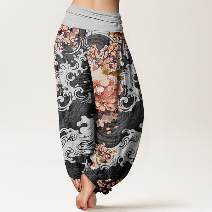 Pantalon harem à taille élastique pour femme, en coton à motifs floraux et vagues, orné de Buddha Stones - image 2