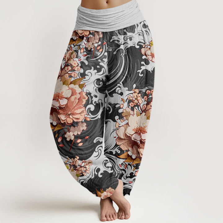 Pantalon sarouel décontracté à taille élastique pour femme avec motif floral et vagues Buddha Stones - Gris terne - US22，UK/AU26，EU54 (6XL) - image 0