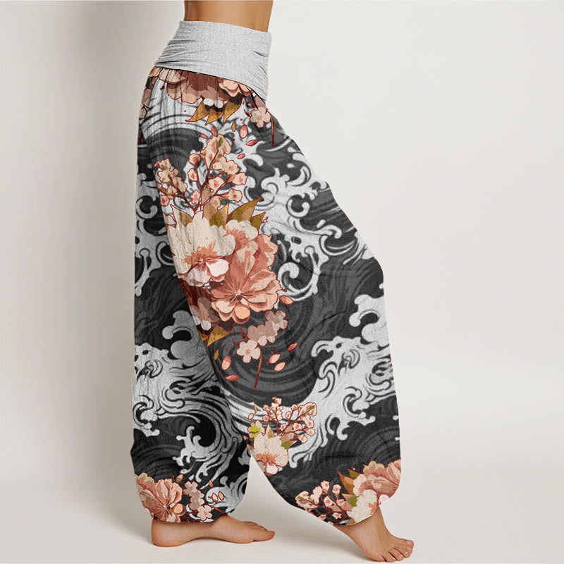 Pantalon sarouel décontracté à taille élastique pour femme avec motif floral et vagues Buddha Stones - image 1