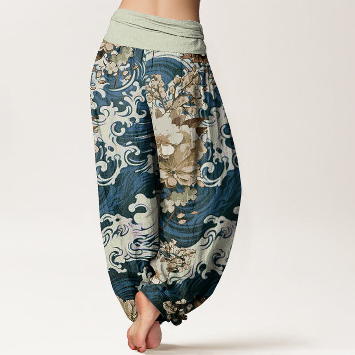 Pantalon sarouel décontracté à taille élastique pour femme avec motif floral et vagues Buddha Stones - image 6