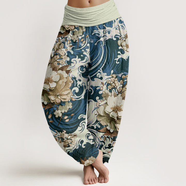 Pantalon sarouel décontracté à taille élastique pour femme avec motif floral et vagues Buddha Stones - SteelBlue - US22，UK/AU26，EU54 (6XL) - image 4