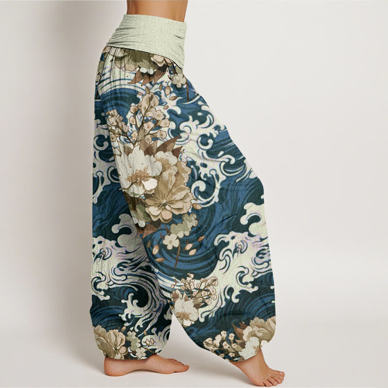Pantalon sarouel décontracté à taille élastique pour femme avec motif floral et vagues Buddha Stones - image 5