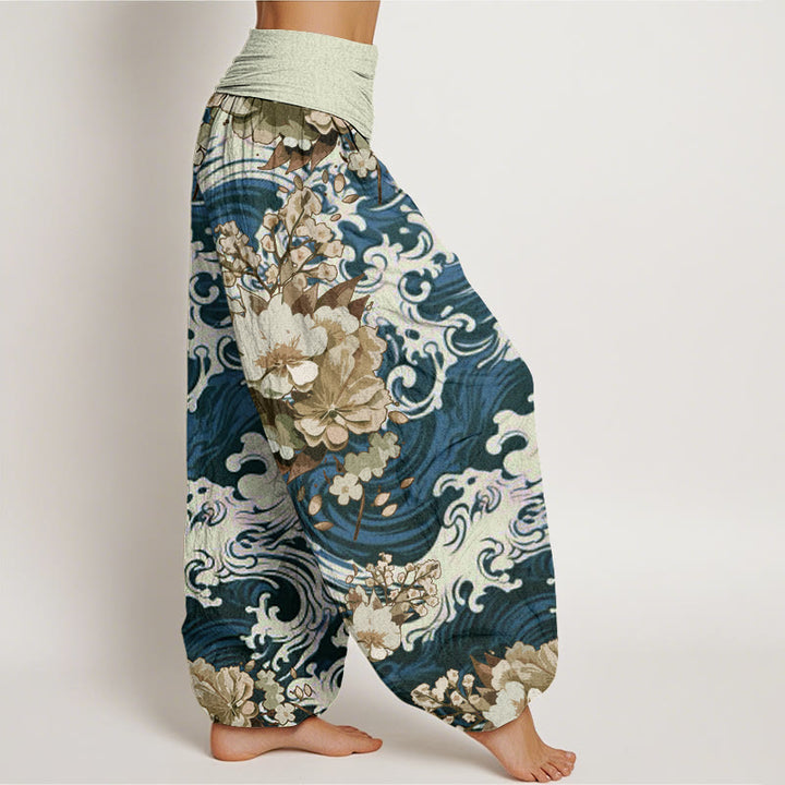 Pantalon sarouel décontracté à taille élastique pour femme avec motif floral et vagues Buddha Stones - image 5