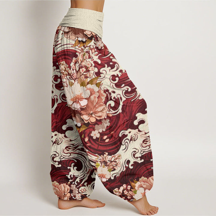 Pantalon harem à taille élastique pour femme, en coton à motifs floraux et vagues, orné de Buddha Stones - image 8