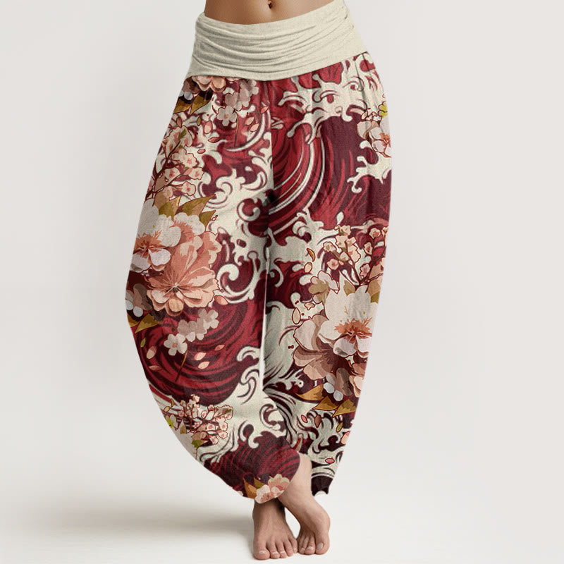 Pantalon harem à taille élastique pour femme, en coton à motifs floraux et vagues, orné de Buddha Stones - Brun - US22，UK/AU26，EU54 (6XL) - image 7
