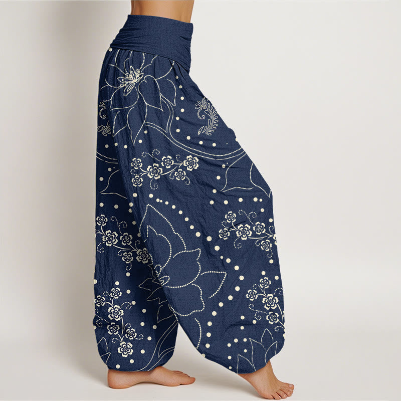 Pantalon sarouel décontracté à taille élastique pour femme avec motif de grandes fleurs et Buddha Stones - image 2