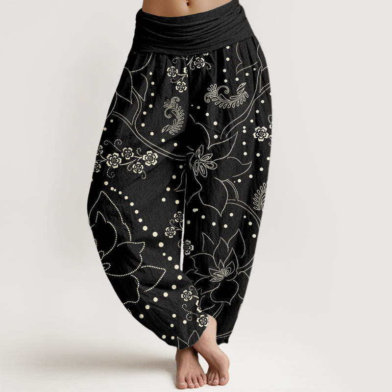 Pantalon sarouel décontracté à taille élastique pour femme avec motif de grandes fleurs et Buddha Stones - Noir - US22，UK/AU26，EU54 (6XL) - image 8