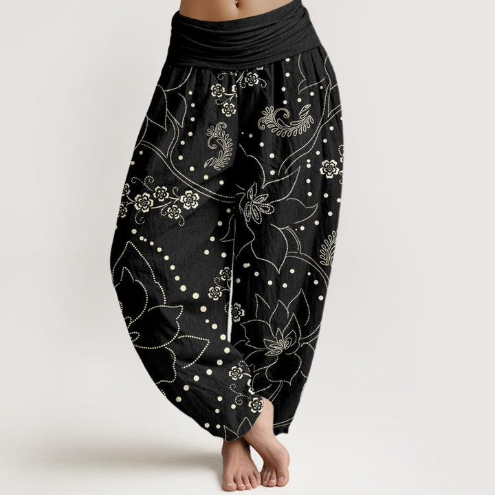 Pantalon sarouel décontracté à taille élastique pour femme avec motif de grandes fleurs et Buddha Stones - Noir - US22，UK/AU26，EU54 (6XL) - image 8