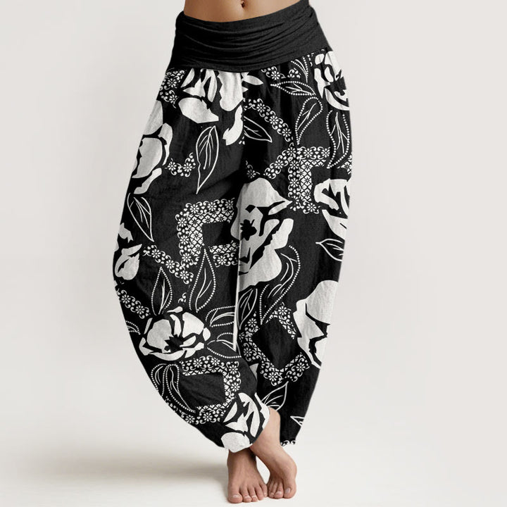 Pantalon sarouel décontracté à taille élastique pour femme avec motif floral et feuilles Buddha Stones - Noir - US22，UK/AU26，EU54 (6XL) - image 1