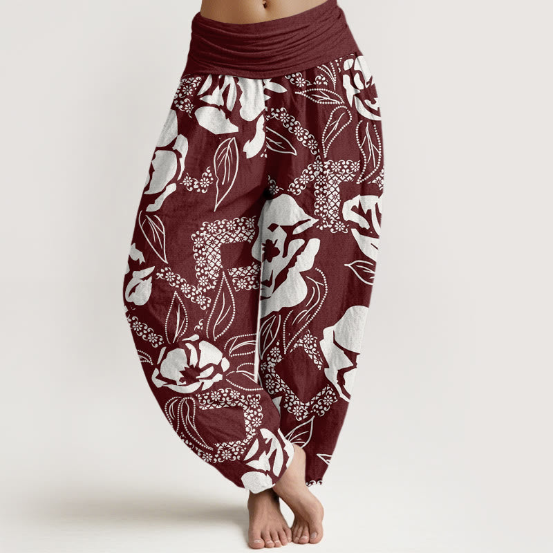 Pantalon sarouel décontracté à taille élastique pour femme avec motif floral et feuilles Buddha Stones - Bordeaux - US22，UK/AU26，EU54 (6XL) - image 5