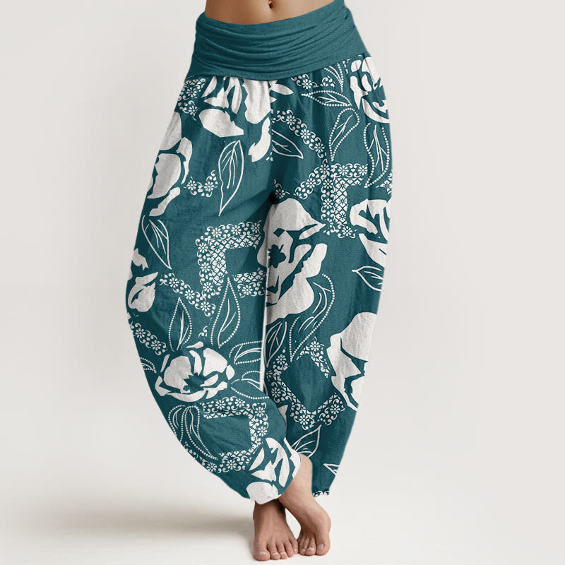 Pantalon sarouel décontracté à taille élastique pour femme avec motif floral et feuilles Buddha Stones - Sarcelle - US22，UK/AU26，EU54 (6XL) - image 8