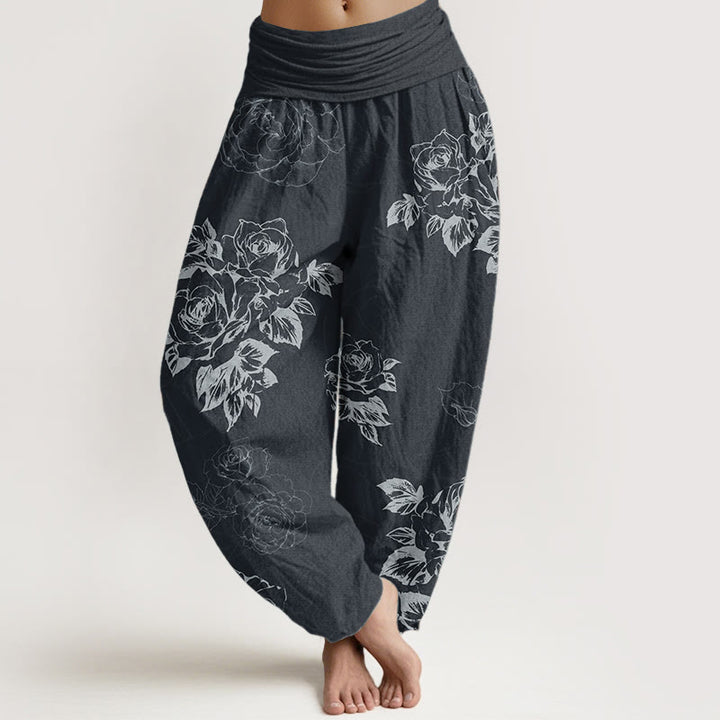 Pantalon sarouel décontracté en pur coton avec motif de pivoines roses et pierres de Buddha Stones pour femme, taille élastique
