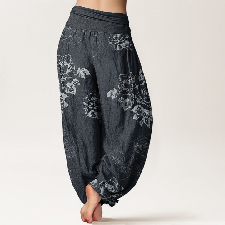 Pantalon sarouel décontracté en pur coton avec motif de pivoines roses et pierres de Buddha Stones pour femme, taille élastique