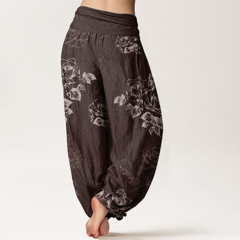 Pantalon sarouel décontracté en pur coton avec motif de pivoines roses et pierres de Buddha Stones pour femme, taille élastique