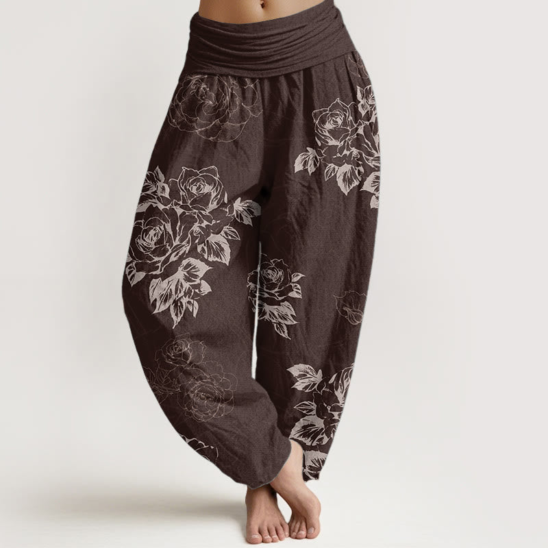 Pantalon sarouel décontracté en pur coton avec motif de pivoines roses et pierres de Buddha Stones pour femme, taille élastique