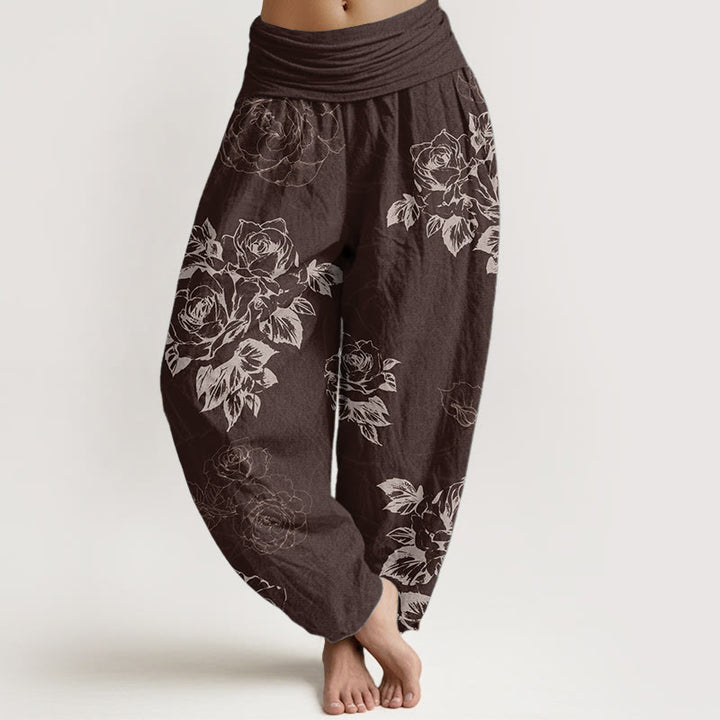 Pantalon sarouel décontracté en pur coton avec motif de pivoines roses et pierres de Buddha Stones pour femme, taille élastique