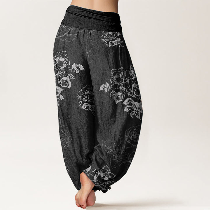 Pantalon sarouel décontracté en pur coton avec motif de pivoines roses et pierres de Buddha Stones pour femme, taille élastique