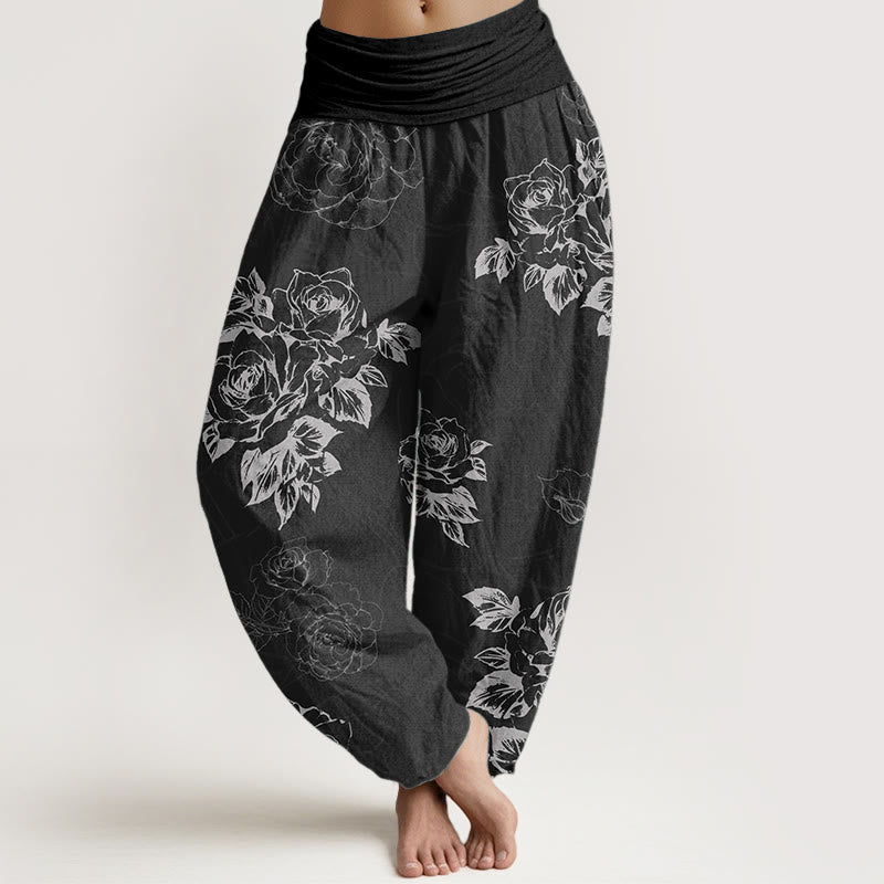 Pantalon sarouel décontracté en pur coton avec motif de pivoines roses et pierres de Buddha Stones pour femme, taille élastique