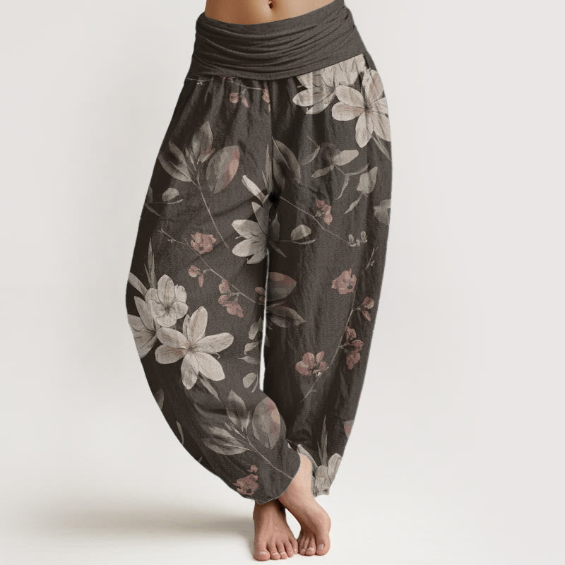 Pantalon sarouel décontracté en pur coton à motif floral et feuilles pour femme, taille élastique, Buddha Stones