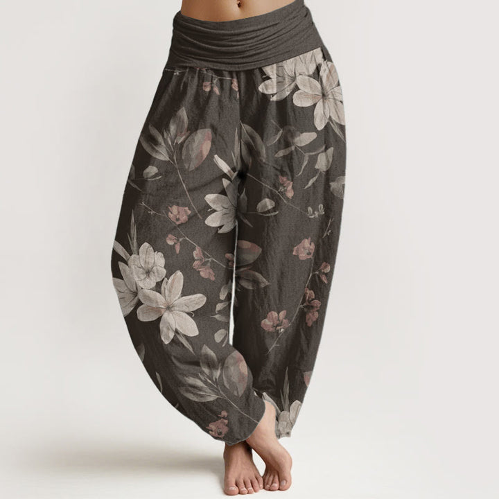 Pantalon sarouel décontracté en pur coton à motif floral et feuilles pour femme, taille élastique, Buddha Stones