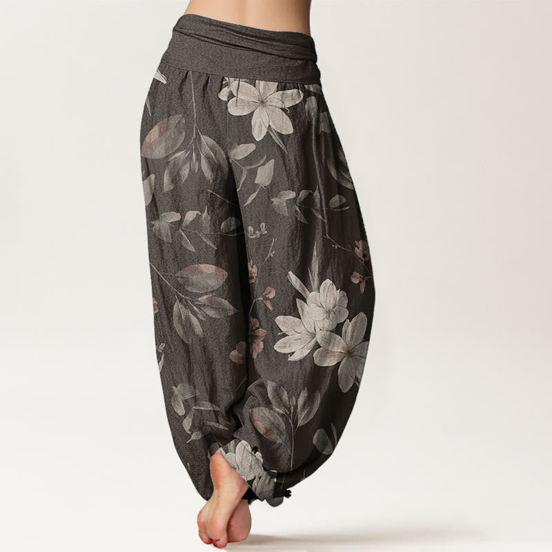 Pantalon sarouel décontracté en pur coton à motif floral et feuilles pour femme, taille élastique, Buddha Stones